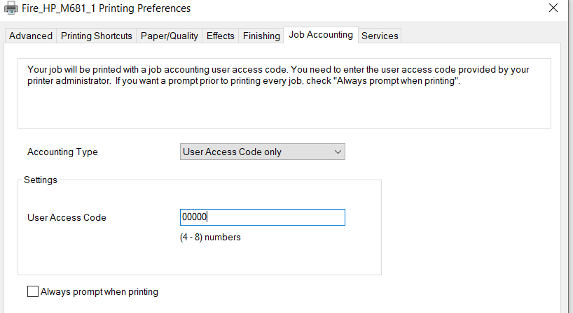Printing Preferences: Job Accounting